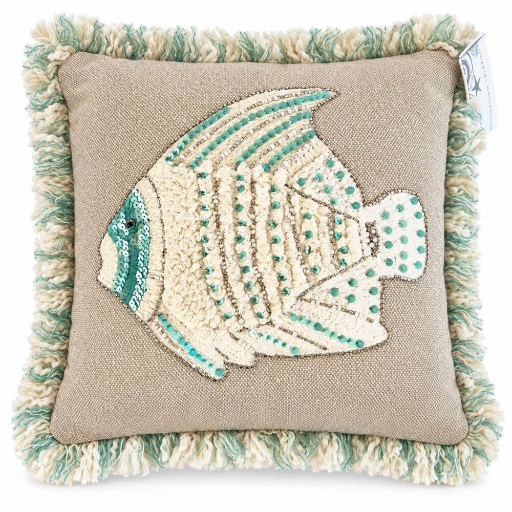 Coastal Collection Angel Fish Sequins Beads Throw Pillow Beige Blue White Fringe